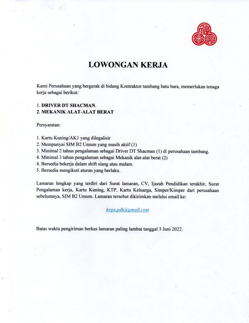 Lowongan Kerja Pertambangan Batu Bara