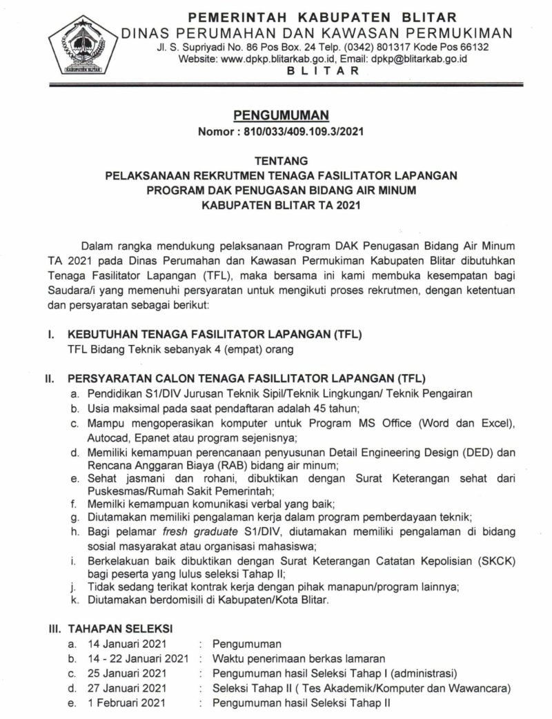 Lowongan Kerja Dinas Kota Blitar